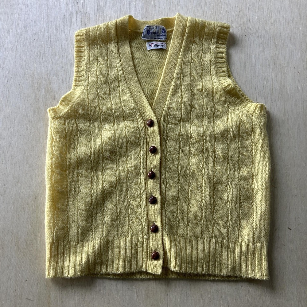 Vintage Talbots Sweater Vest Womens 38 Yellow Wool V Neck Cable-Knit Button